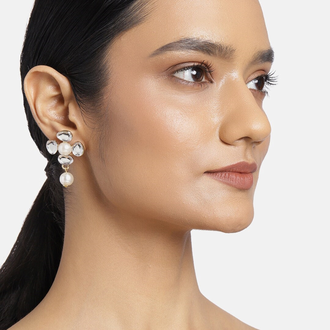 Estele Mirror white kundan with white pearl drop earrings for women