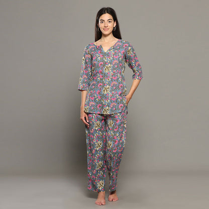 Breathables Women Cotton Printed Loungewear Kurta And Pants Co-Ord Set Grey I Night Wear | Floral Print