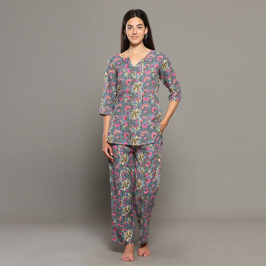 Breathables Women Cotton Printed Loungewear Kurta And Pants Co-Ord Set Grey I Night Wear | Floral Print