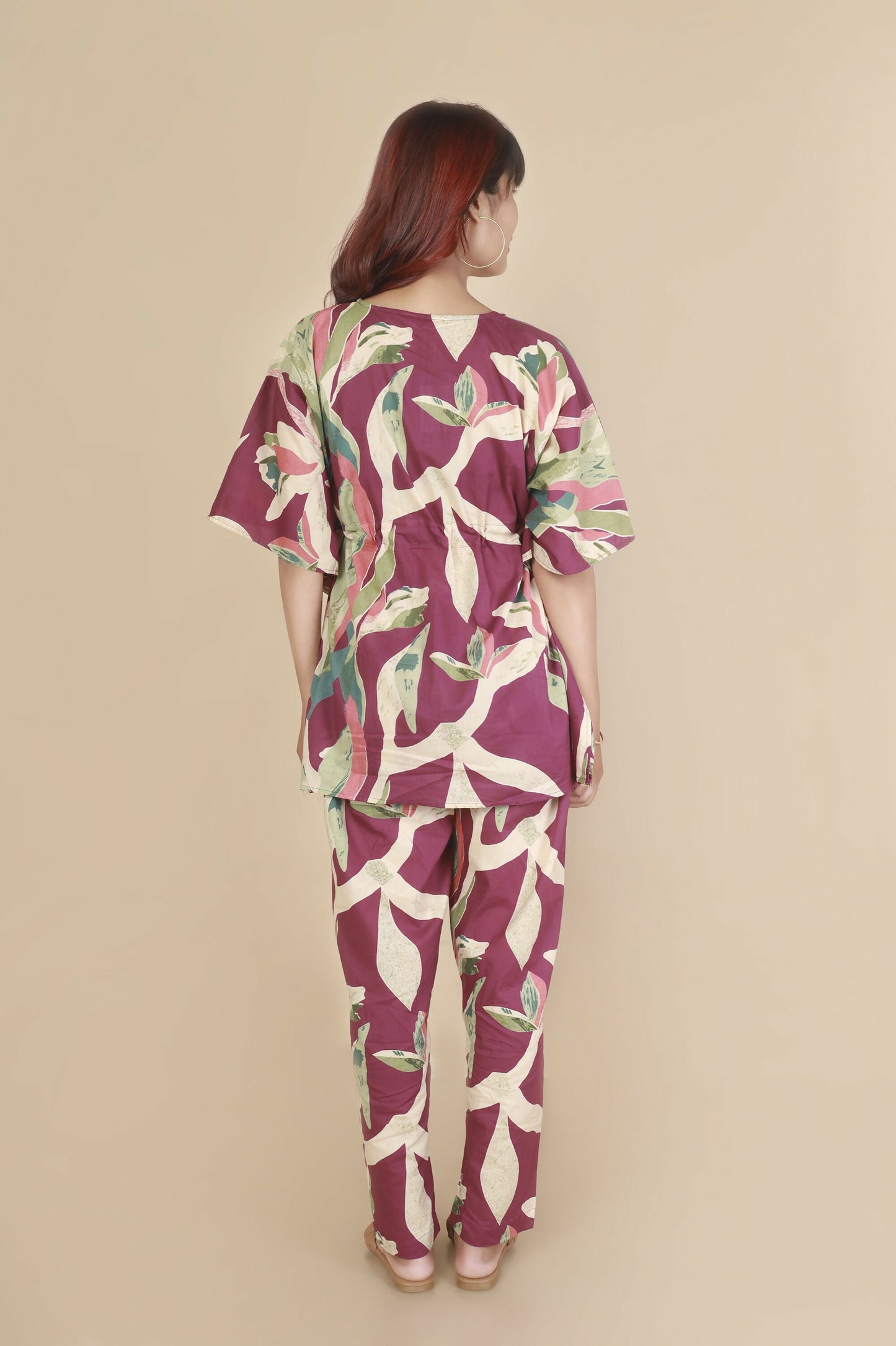 Breathables WomenS Loungewear Kaftan Cotton Wine Abstract Print Co-Ord Set