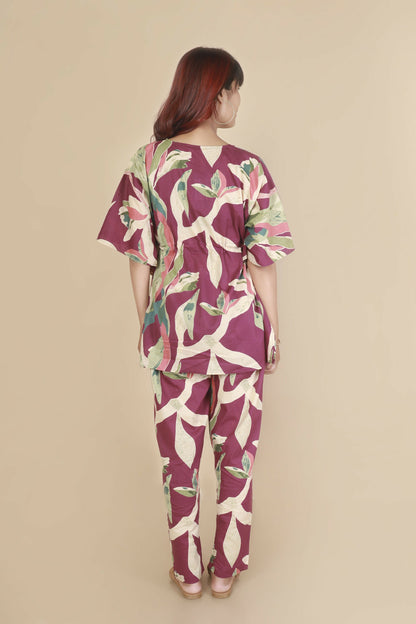 Breathables WomenS Loungewear Kaftan Cotton Wine Abstract Print Co-Ord Set