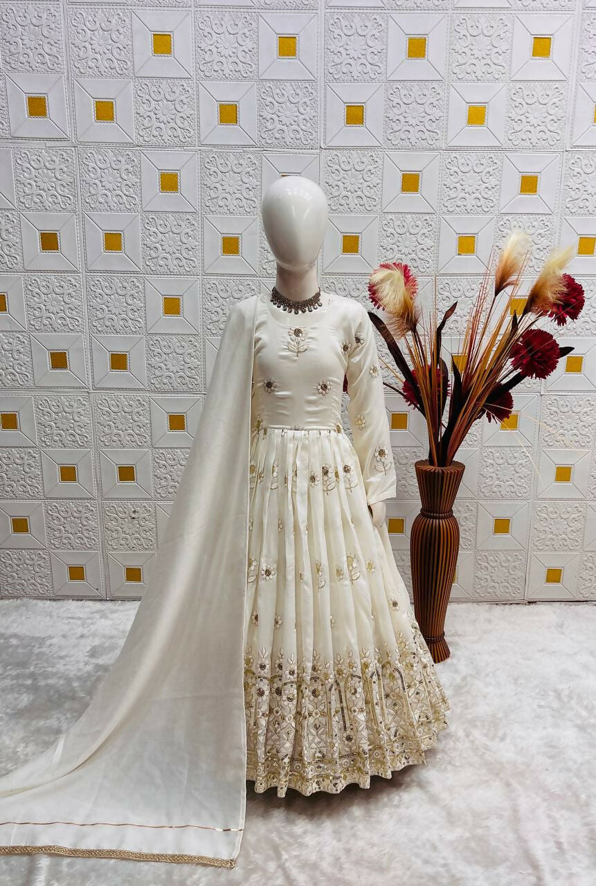 Teeya Creation New Kids Wedding Wear Heavy Embroidery Sequence Work Kurta Gown Set-White