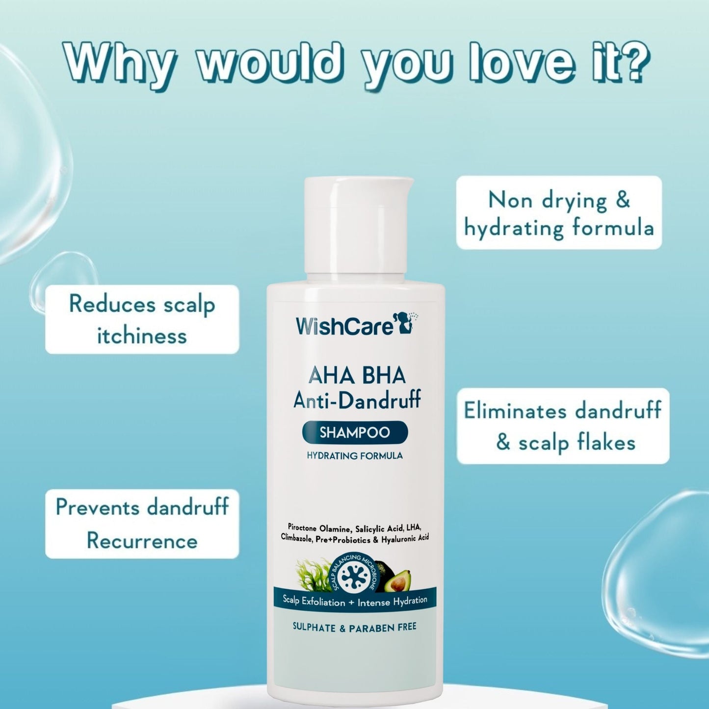 WishCare Hydrating AHA BHA Anti Dandruff Shampo-Reduces Flakes & Itchiness-100% Dandruff Reduction