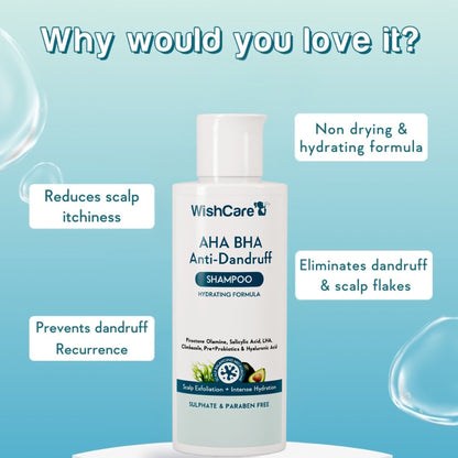 WishCare Hydrating AHA BHA Anti Dandruff Shampo-Reduces Flakes & Itchiness-100% Dandruff Reduction