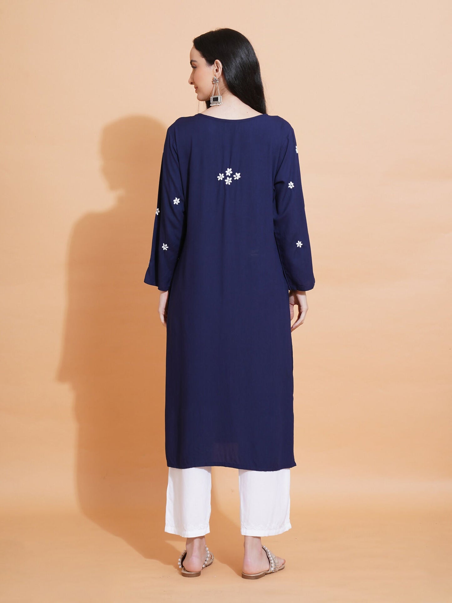 Pahnaz Luxury Rayon Chikankari Long Kurti-Blue