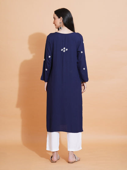 Pahnaz Luxury Rayon Chikankari Long Kurti-Blue