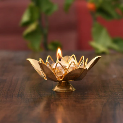 CraftVatika Brass Crystal Lotus Shape Diya Deepak With Gift Box
