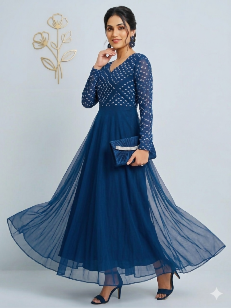 Teeya Creation Women's Teal Bandhani Print Anarkali Gown