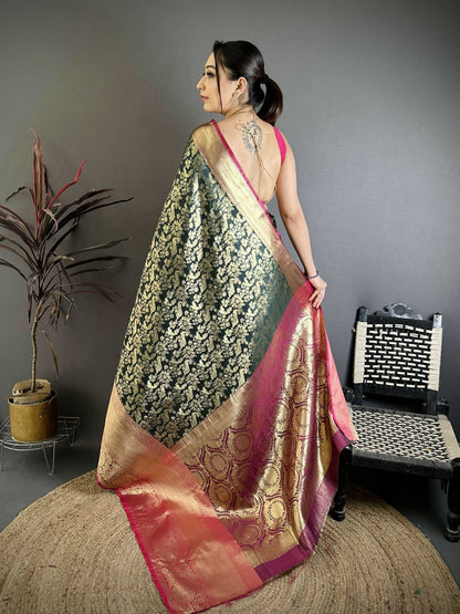 Prime Volt Pure Handloom Kanjivaram Katan Silk Saree with Antique Zari & Contrast Pallu-Green