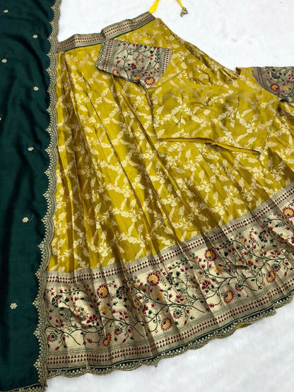 Teeya Creation Traditional Mustard Lehenga Choli Set with Festive Dark Green Embroidered Dupatta