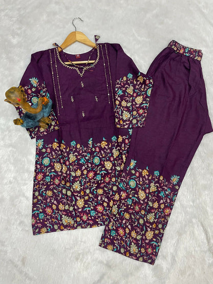 Teeya Creation Wine Floral Printed Short Kurta With Straight Pants Co-Ord Set