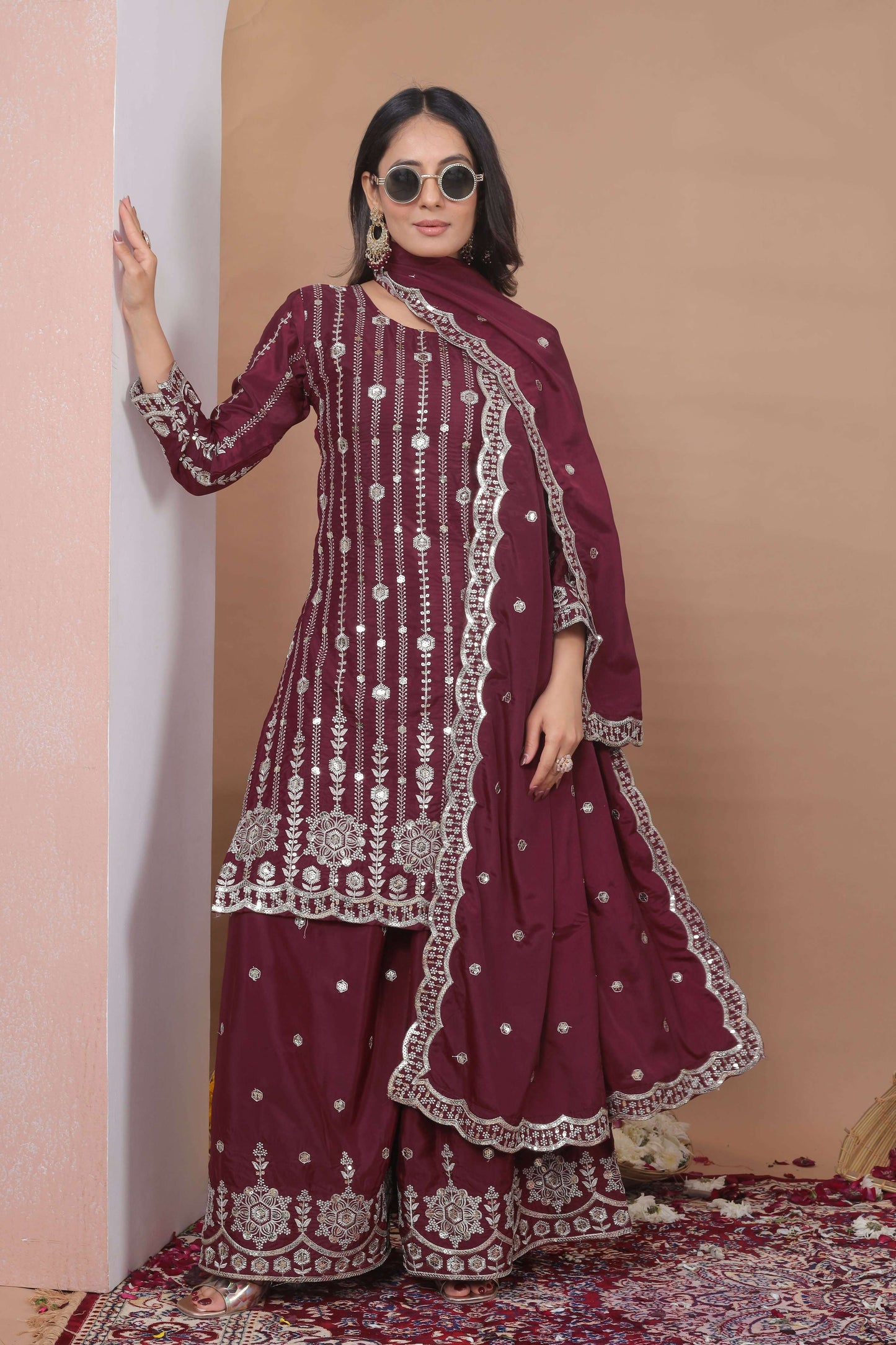 The52 Women's Gorgeous Embroidery Work Natural Crep Fabric Straight Kurta Sharara and Dupatta Set