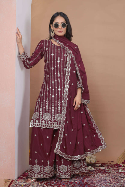 The52 Women's Gorgeous Embroidery Work Natural Crep Fabric Straight Kurta Sharara and Dupatta Set