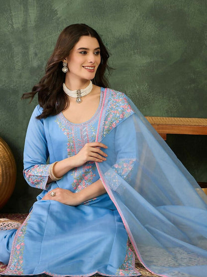 The52 Women's Gorgeous Embroidery Work Viscose Silk Fabric Straight Kurta Pant and Dupatta Set