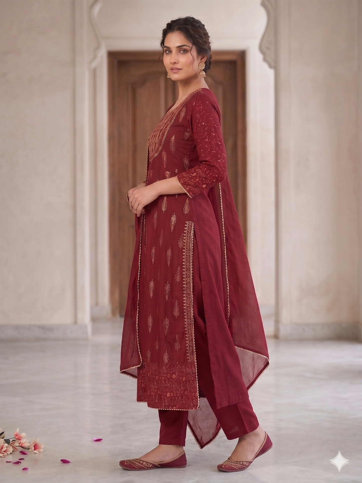 Teeya Creation Women's Maroon Fully Stitched Anarkali Kurta With Pant And Dupatta Set