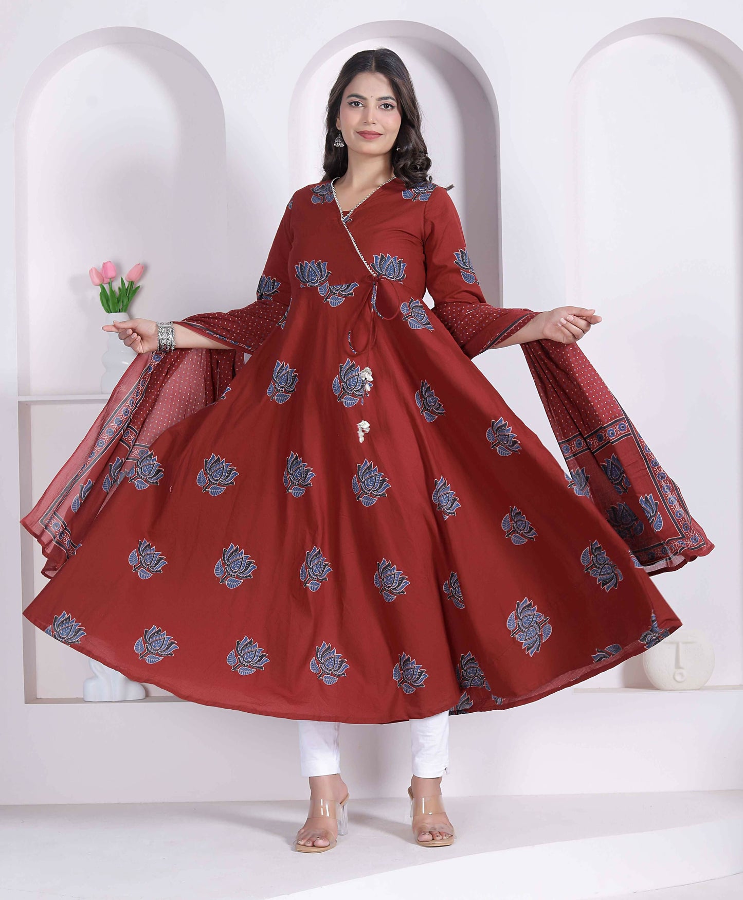 Miravan Women Rust Floral Printed Angrakha Kurta And Dupatta