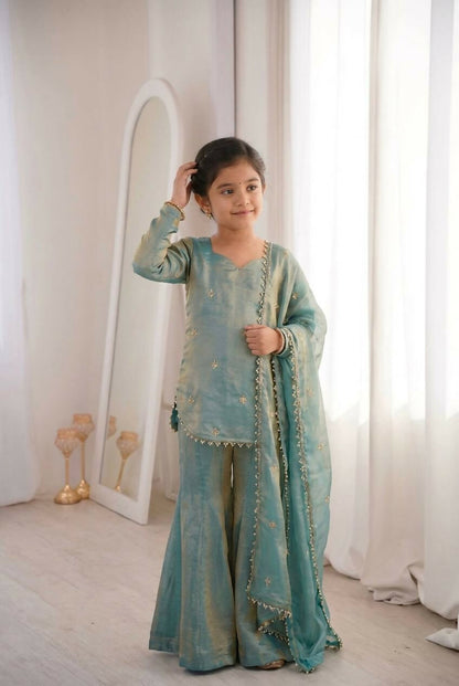 Teeya Creation New Stylish Embroidered Kids Kurta Palazzo Set-Blue