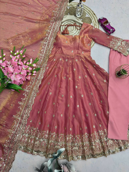 Teeya Creation Peach Festive Wear Heavy Border Anarkali Gown Suit