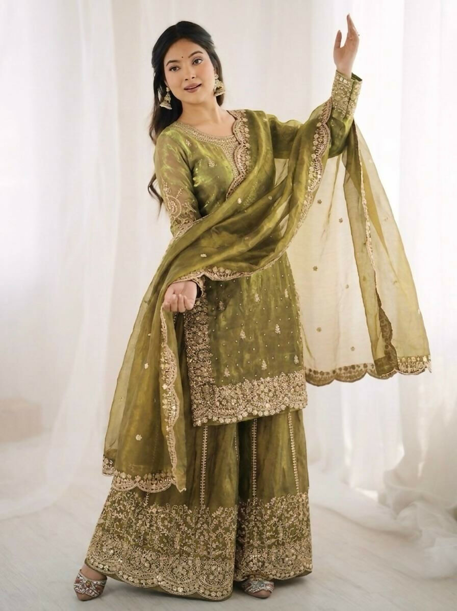 Teeya Creation Womens New Trendy Embroidery Coding And Sequence Work Light-Green Kurta Set