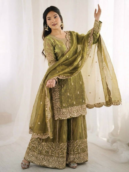 Teeya Creation Womens New Trendy Embroidery Coding And Sequence Work Light-Green Kurta Set