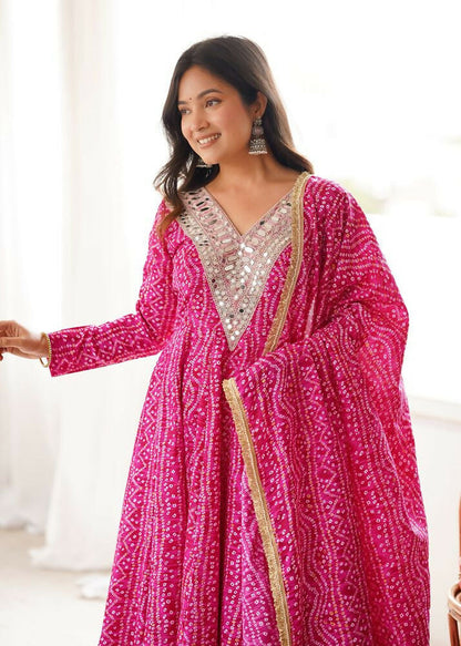 Teeya Creation New Trendy Traditional Pink Bandhani Anarkali Set with Embellished V-Neck