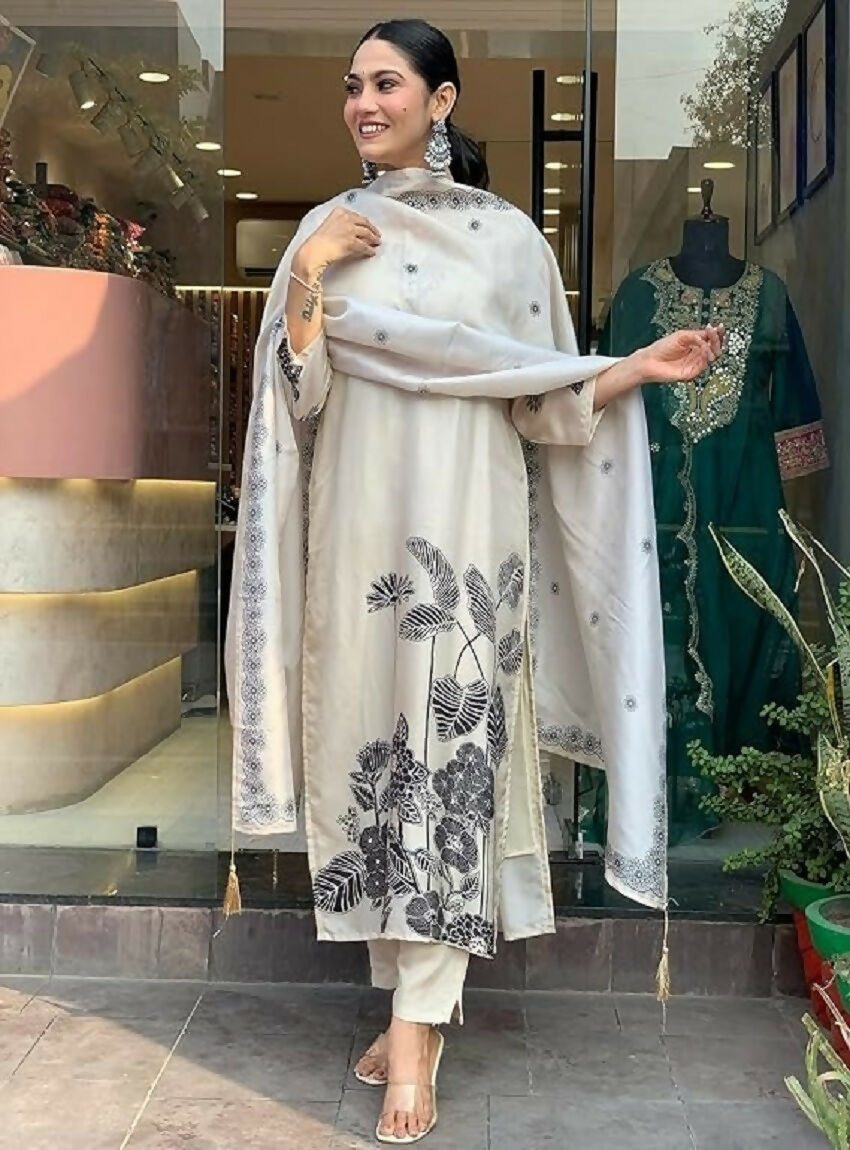 Teeya Creation New Womens Off-White Handloom Silk Embroidered Kurti Pant Set