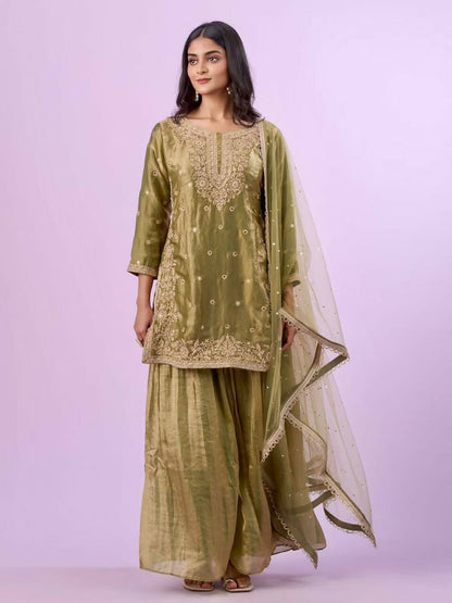Teeya Creation New Trendy Womens Wedding Wear Kurta Palazzo Set - Light-Green