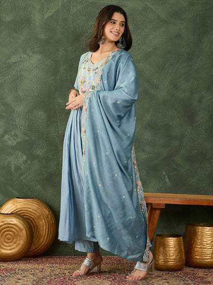 The52 Women's Beautiful Embroidery Work Silk Fabric Flared Kurta Pant and Dupatta Set-Sky