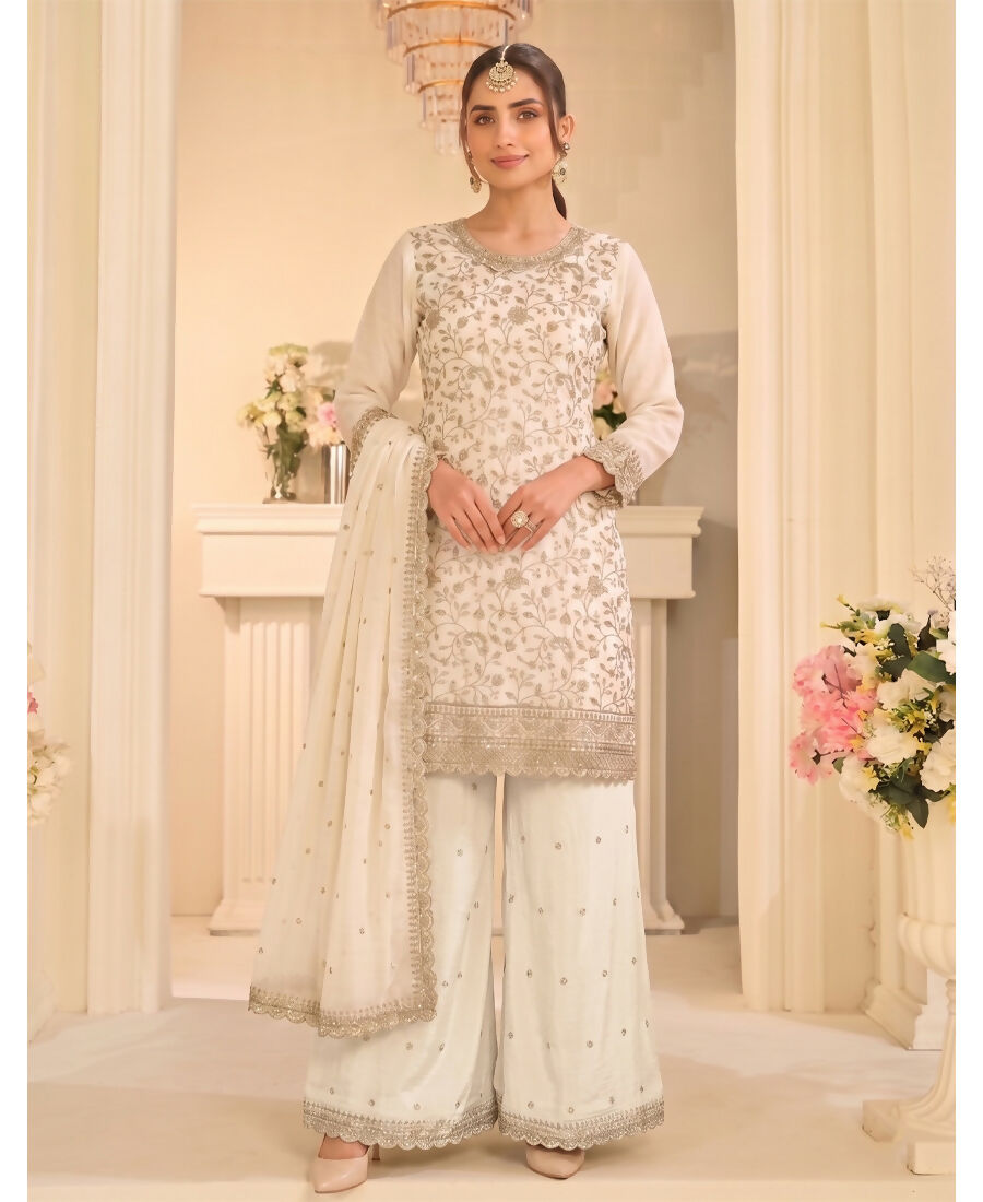 KC White Vichitra Silk Palazzo Suit For Women Festival Wear