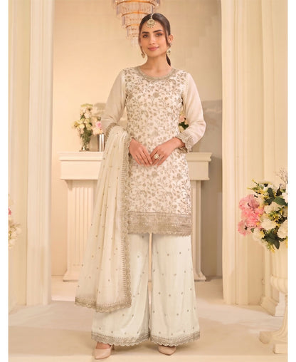 KC White Vichitra Silk Palazzo Suit For Women Festival Wear