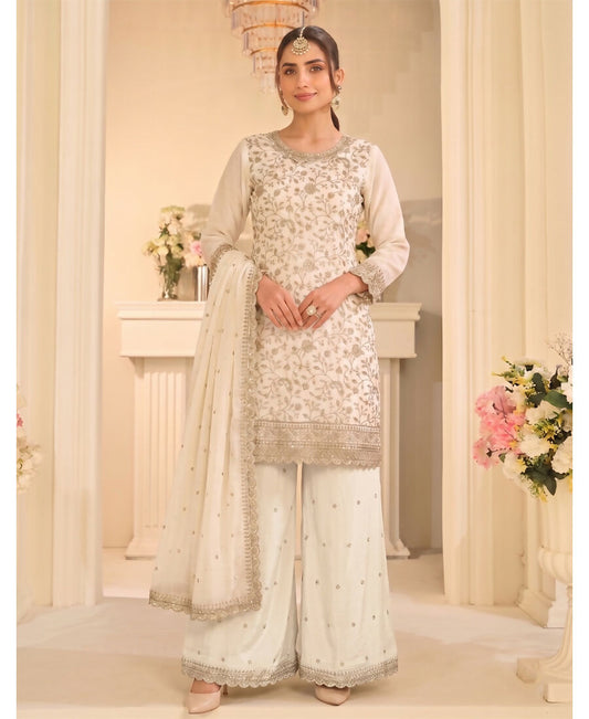 KC White Vichitra Silk Palazzo Suit For Women Festival Wear