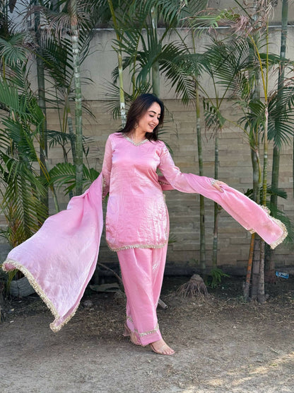 Teeya Creation Womens New Festive Wear Hand Made Real Mirror Pal Moti Lace Baby-Pink Kurta Set