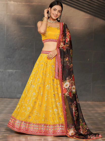Tulsi Art Astonishing Yellow Sequins Georgette Haldi Wear Lehenga Choli
