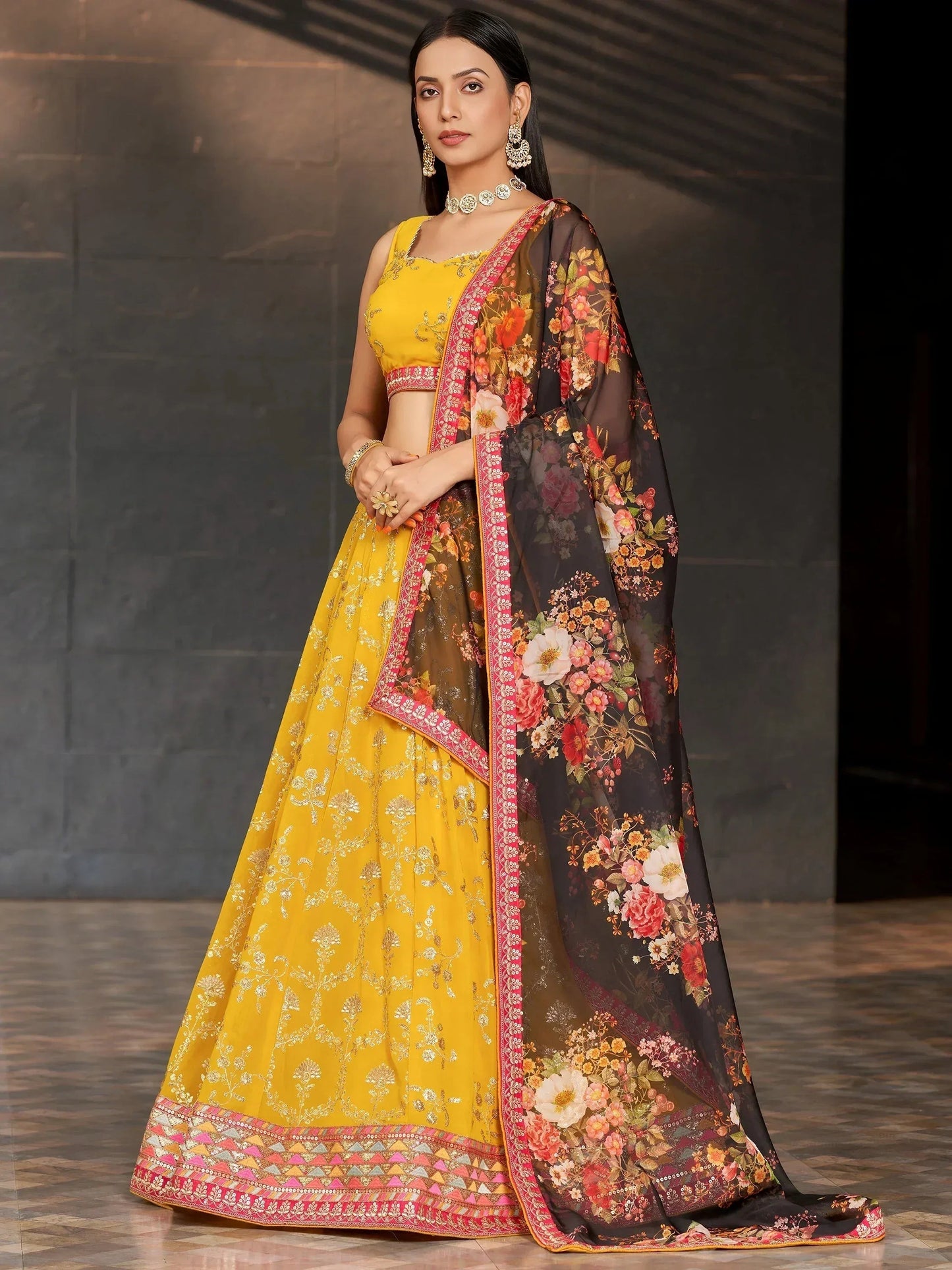 Tulsi Art Astonishing Yellow Sequins Georgette Haldi Wear Lehenga Choli