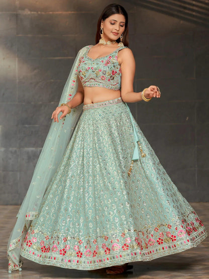 Tulsi Art Awesome Sky-Blue Sequins Georgette Engagement Wear Lehenga Choli