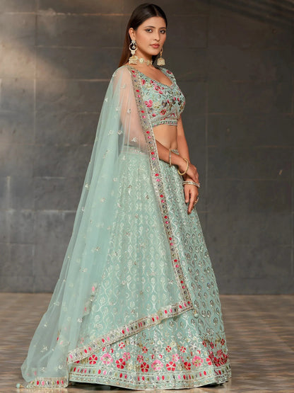Tulsi Art Awesome Sky-Blue Sequins Georgette Engagement Wear Lehenga Choli