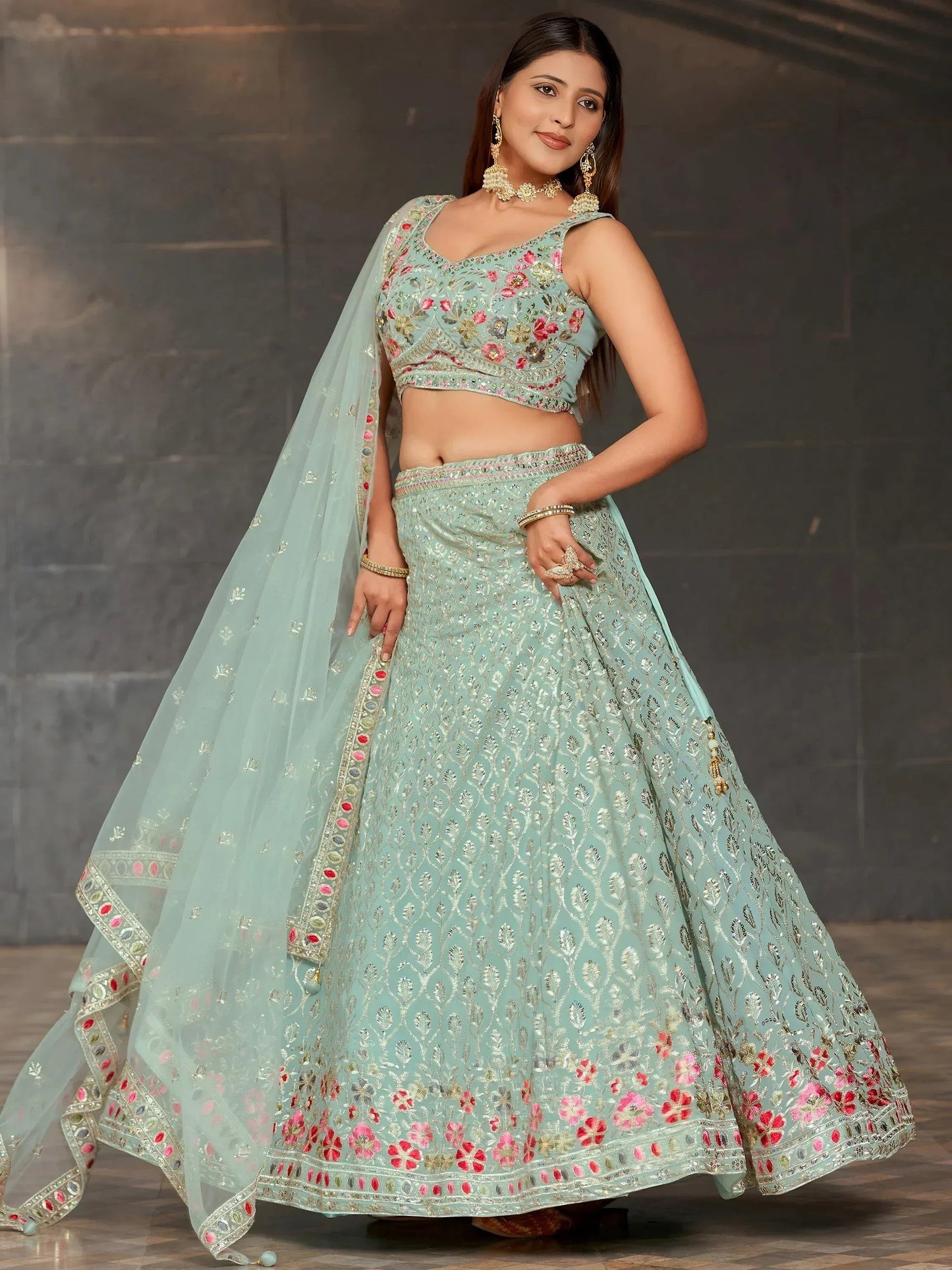Tulsi Art Awesome Sky-Blue Sequins Georgette Engagement Wear Lehenga Choli
