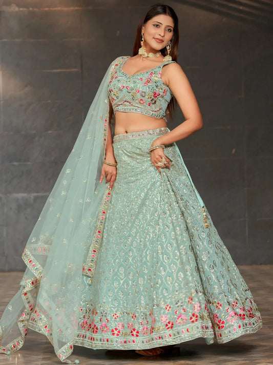 Tulsi Art Awesome Sky-Blue Sequins Georgette Engagement Wear Lehenga Choli