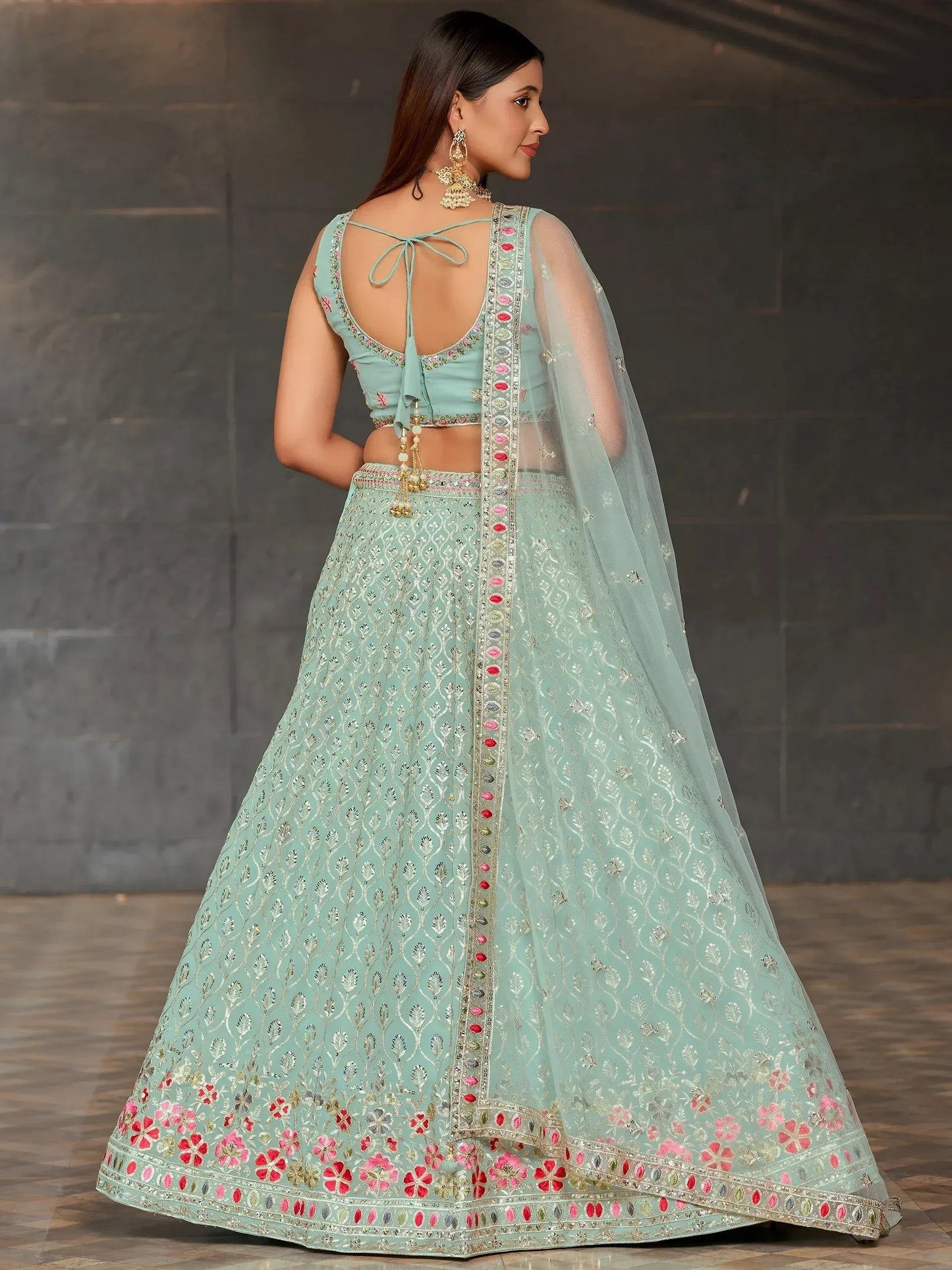 Tulsi Art Awesome Sky-Blue Sequins Georgette Engagement Wear Lehenga Choli