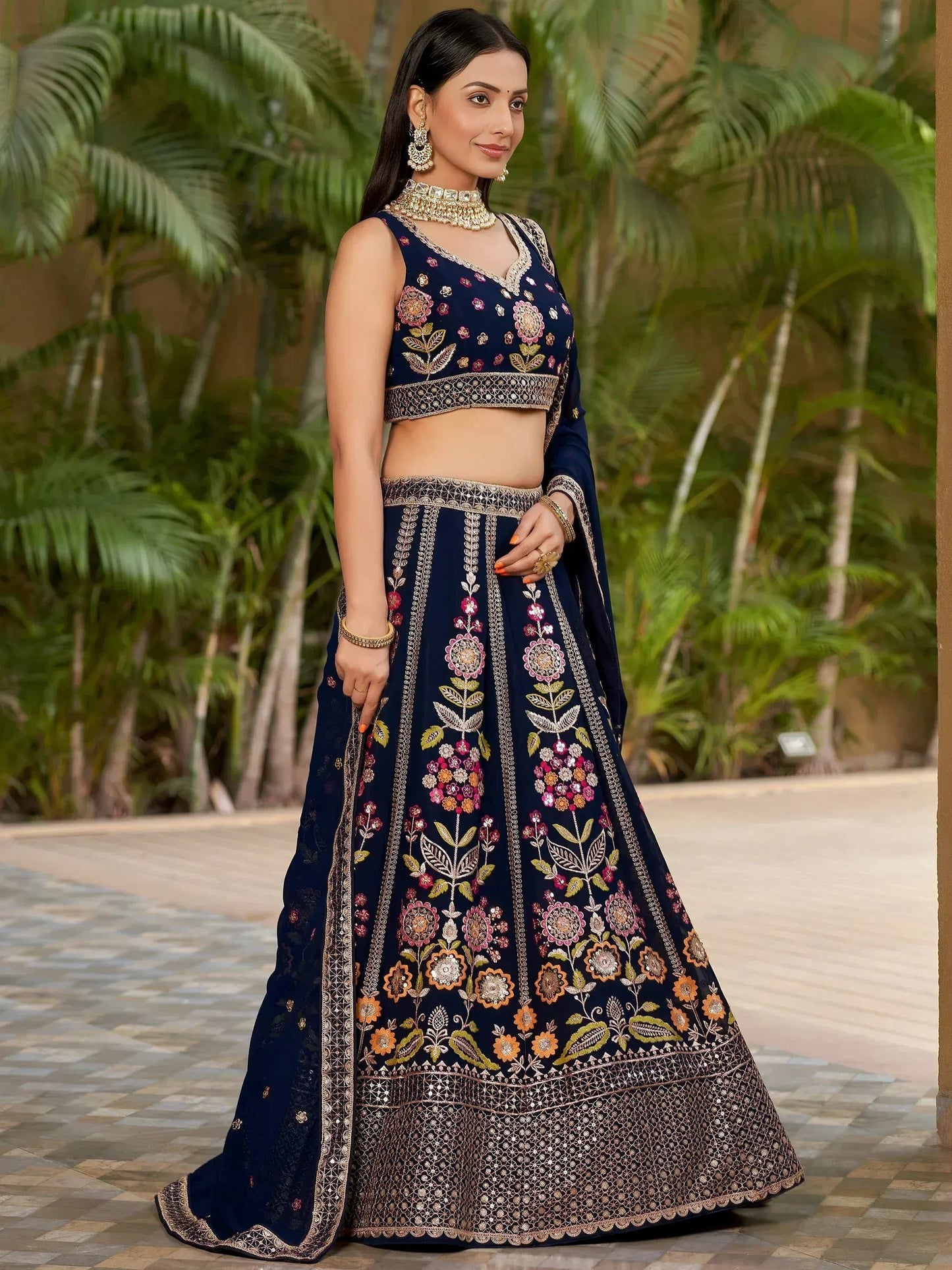 Tulsi Art Amazing Navy Blue Thread Embroidered Georgette Lehenga Choli