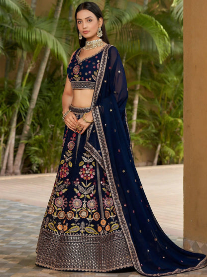 Tulsi Art Amazing Navy Blue Thread Embroidered Georgette Lehenga Choli