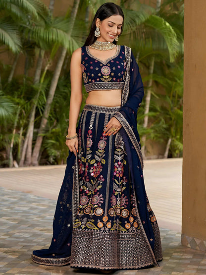 Tulsi Art Amazing Navy Blue Thread Embroidered Georgette Lehenga Choli