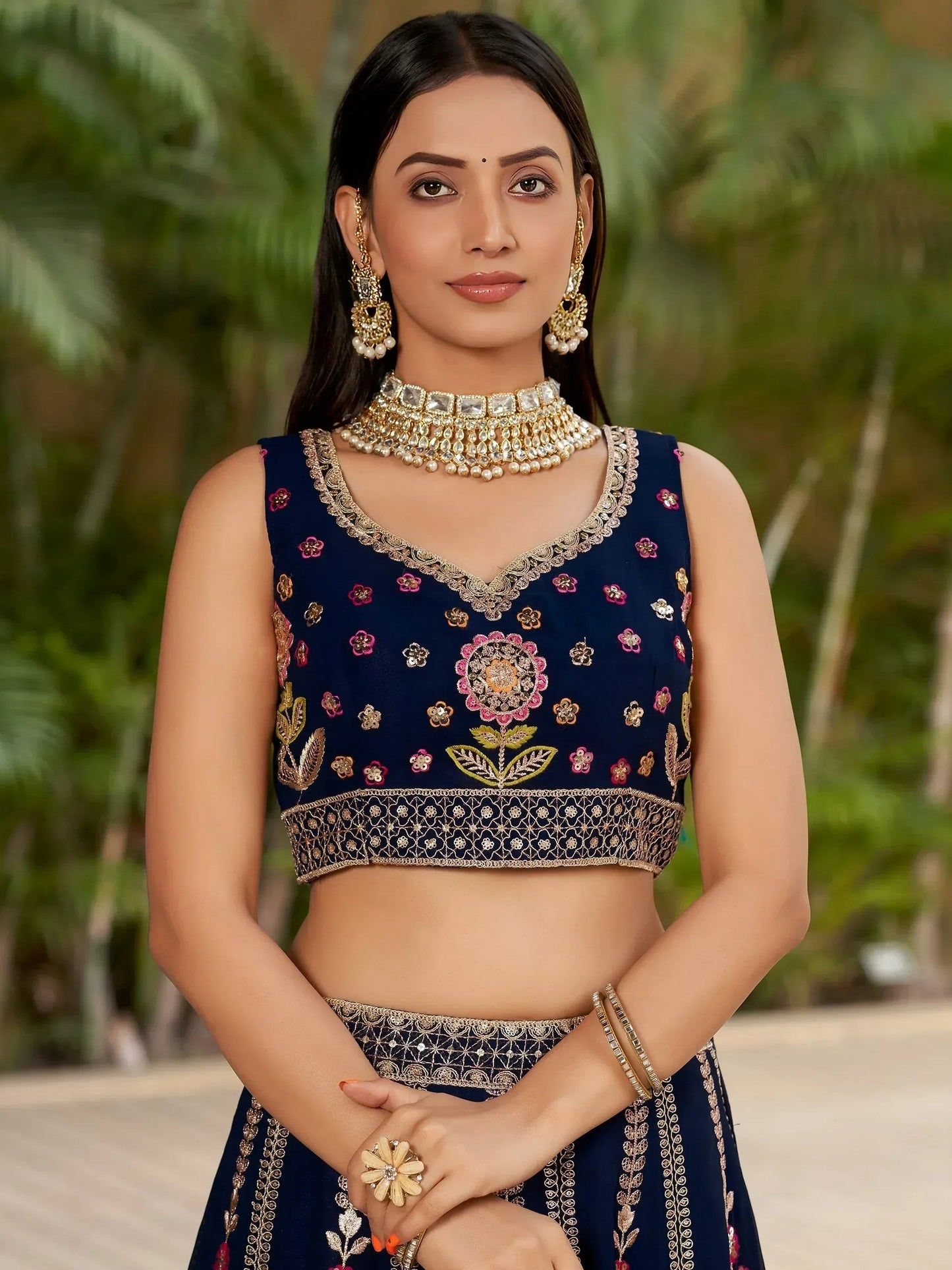 Tulsi Art Amazing Navy Blue Thread Embroidered Georgette Lehenga Choli