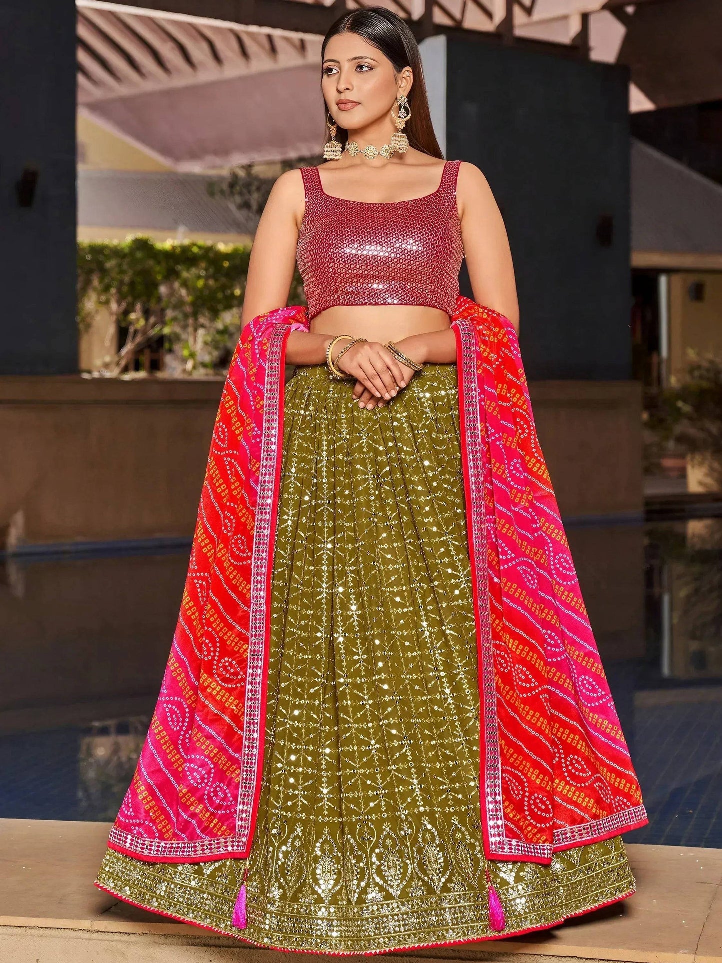 Tulsi Art Marvelous Olive Green Sequins Georgette Sangeet Wear Lehenga Choli