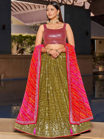 Tulsi Art Marvelous Olive Green Sequins Georgette Sangeet Wear Lehenga Choli