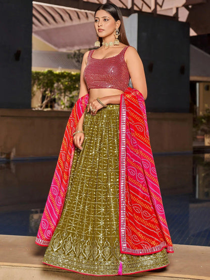 Tulsi Art Marvelous Olive Green Sequins Georgette Sangeet Wear Lehenga Choli