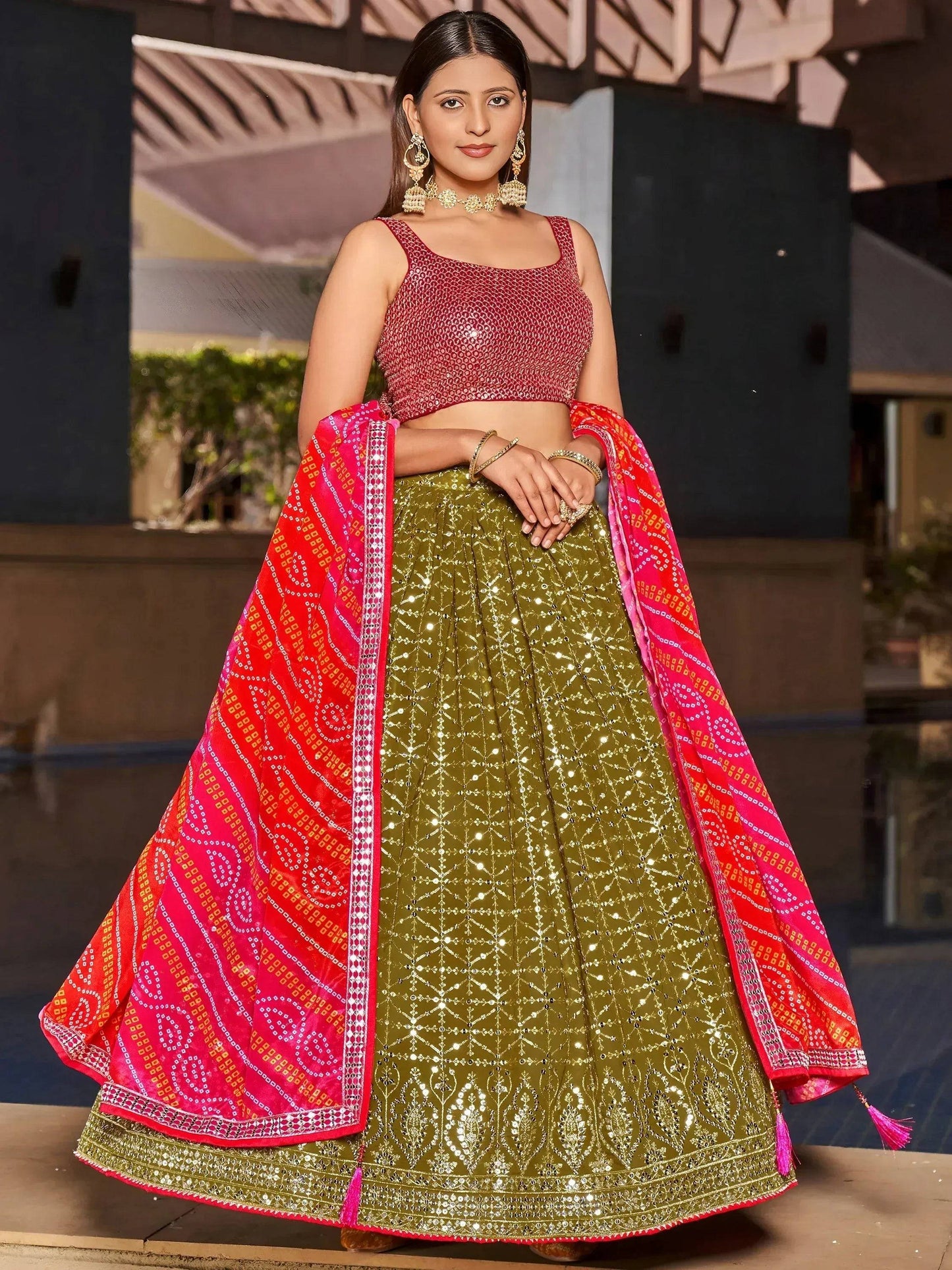 Tulsi Art Marvelous Olive Green Sequins Georgette Sangeet Wear Lehenga Choli