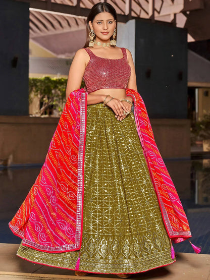 Tulsi Art Marvelous Olive Green Sequins Georgette Sangeet Wear Lehenga Choli