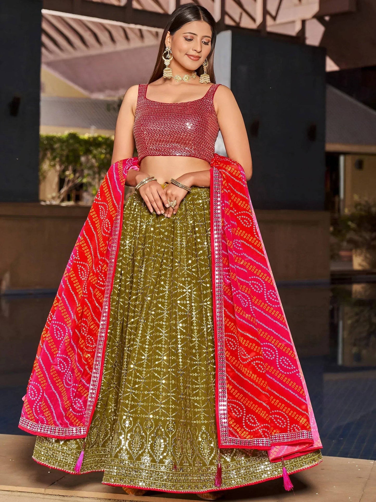 Tulsi Art Marvelous Olive Green Sequins Georgette Sangeet Wear Lehenga Choli