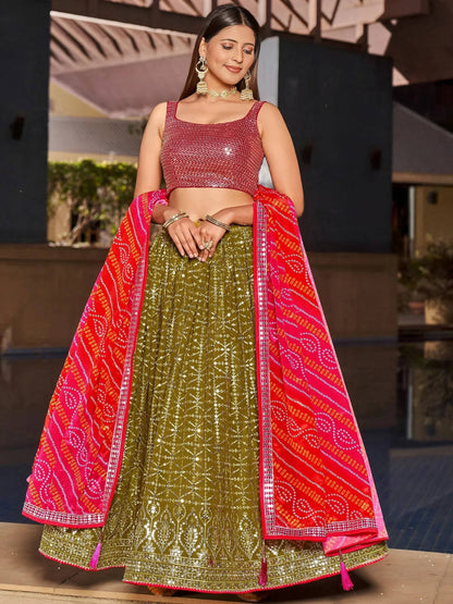 Tulsi Art Marvelous Olive Green Sequins Georgette Sangeet Wear Lehenga Choli